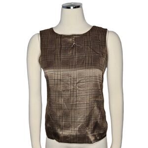 Petite Sophisticate Vintage Silk Brown Glen Plaid Houndstooth Button Back Top 6